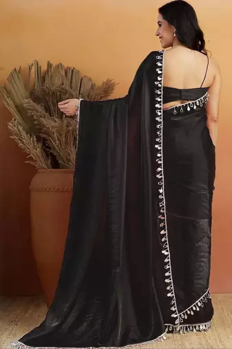 Black plain tissue festive wear saree with blouse piece
