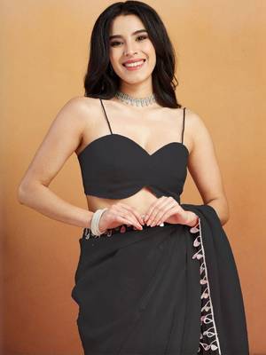 Black plain tissue festive wear saree with blouse piece 4