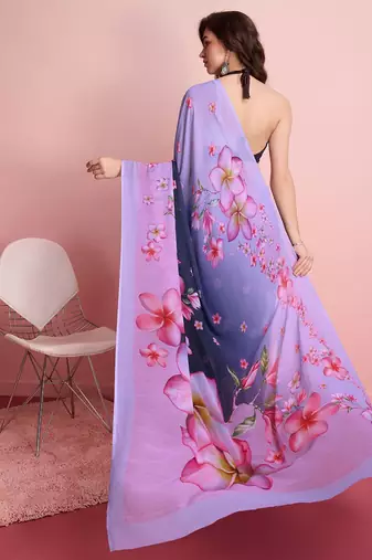 Purple elegant printed georgette saree with blouse piece