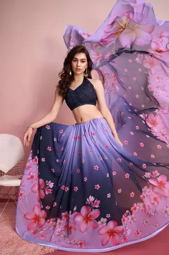 Purple elegant printed georgette saree with blouse piece