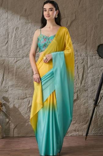 Multi plain satin designer saree with blouse piece