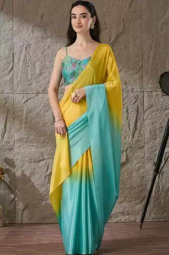 Multi plain satin designer saree with blouse piece