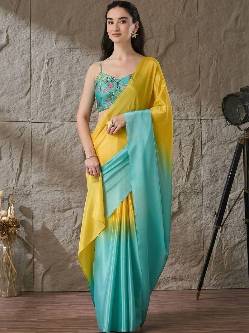 Multi plain satin designer saree with blouse piece