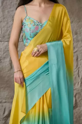 Multi plain satin designer saree with blouse piece