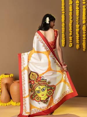Off white printed art silk traditional saree with blouse piece 4