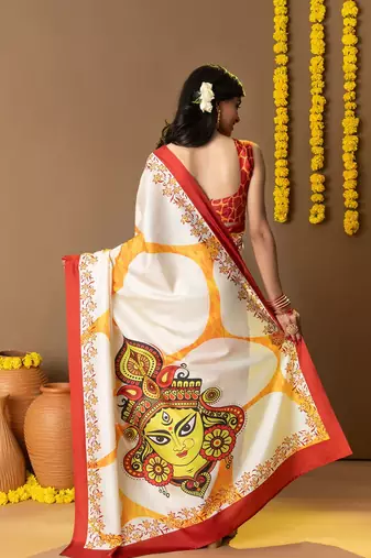 Off white printed art silk traditional saree with blouse piece