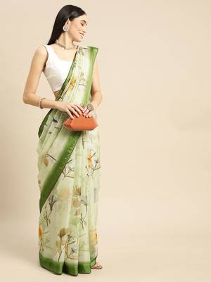 Green elegant printed polycotton saree with blouse piece 1