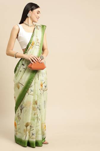 Green elegant printed polycotton saree with blouse piece
