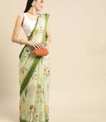 Green elegant printed polycotton saree with blouse piece