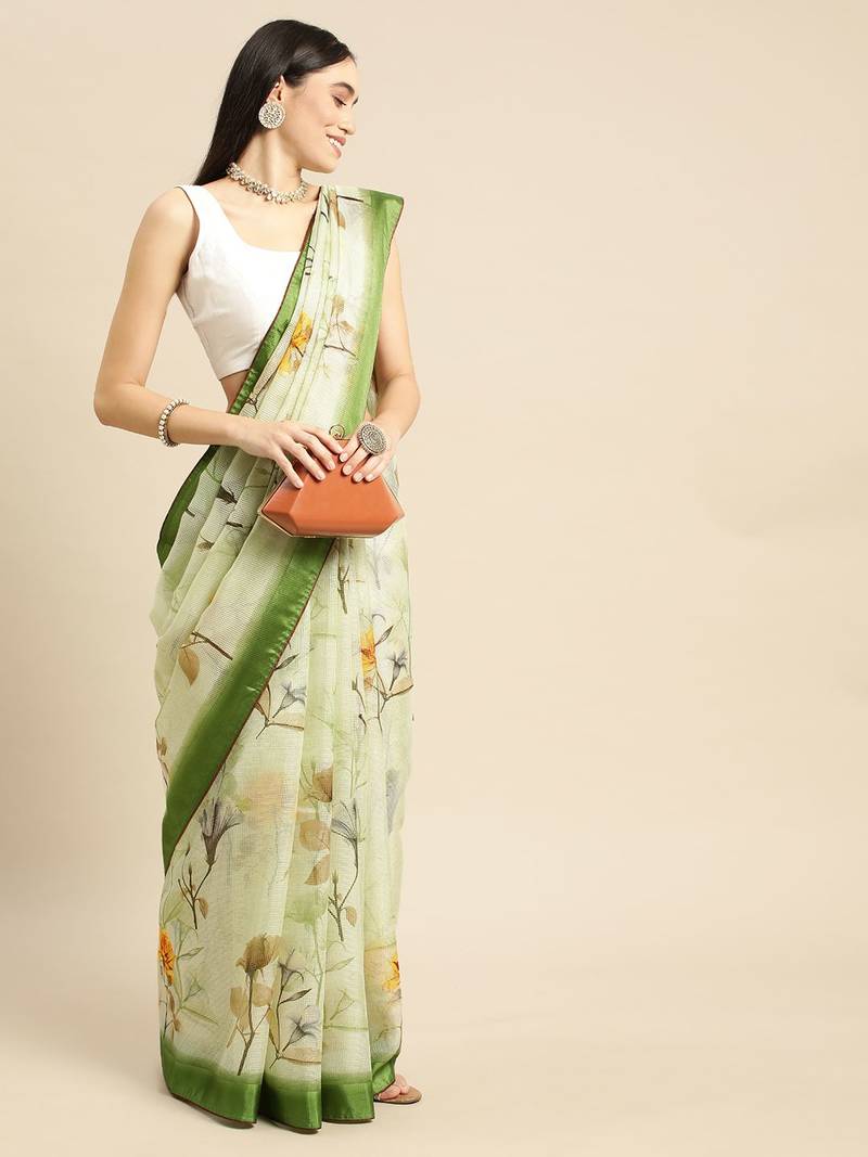 Green elegant printed polycotton saree with blouse piece