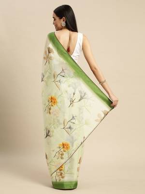 Green elegant printed polycotton saree with blouse piece 2