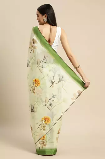 Green elegant printed polycotton saree with blouse piece