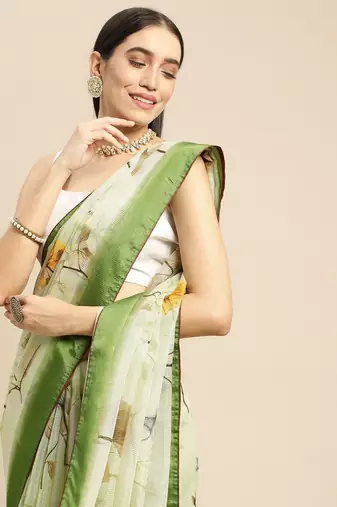 Green elegant printed polycotton saree with blouse piece