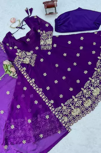 Violet fendy silk thread with sequence anarkali suit