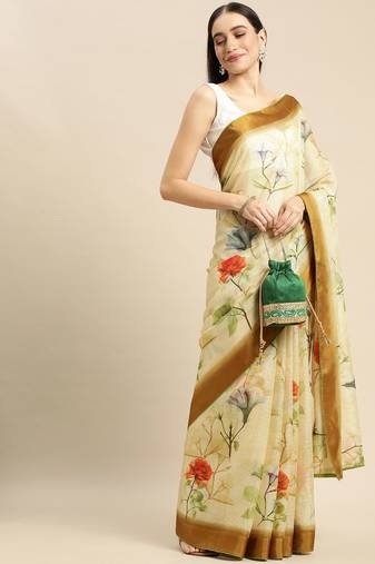 Cream elegant printed polycotton saree with blouse piece