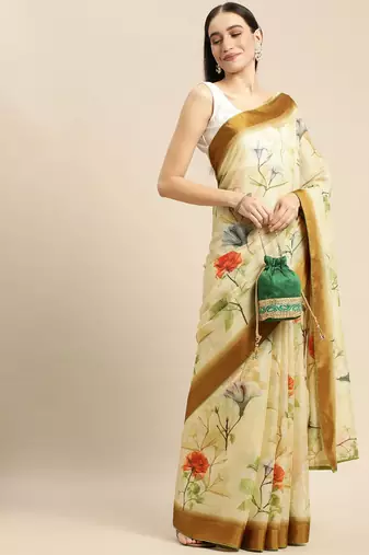 Cream elegant printed polycotton saree with blouse piece
