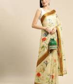 Cream elegant printed polycotton saree with blouse piece