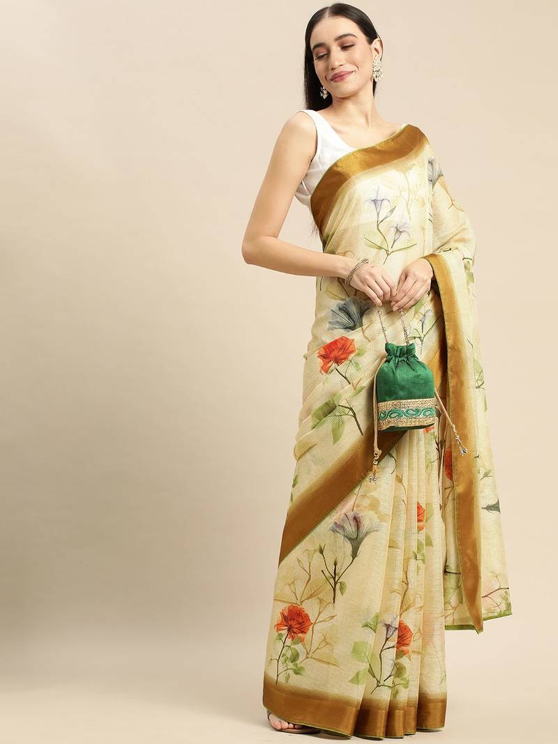 Cream elegant printed polycotton saree with blouse piece