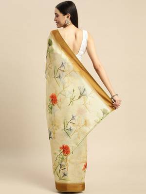 Cream elegant printed polycotton saree with blouse piece 2