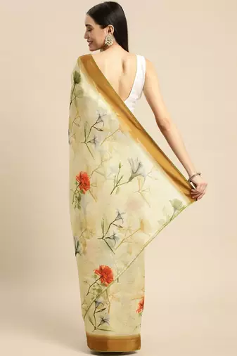 Cream elegant printed polycotton saree with blouse piece