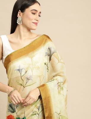 Cream elegant printed polycotton saree with blouse piece 3