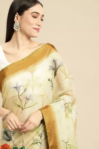 Cream elegant printed polycotton saree with blouse piece