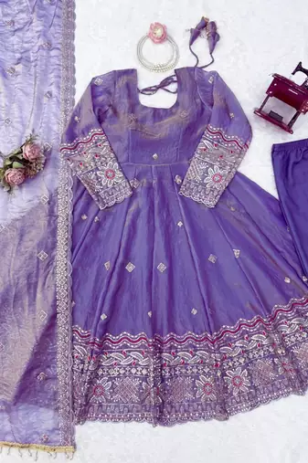Lavender fendy silk thread with sequence anarkali suit