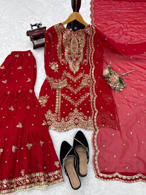Red georgette thread with embroidered sharara suit 5