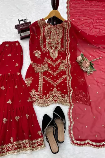 Red georgette thread with embroidered sharara suit