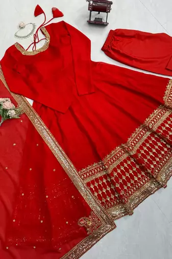 Red vichitra silk thread with sequence anarkali suit