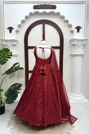 Maroon chanderi jacquard butti designer anarkali suit
