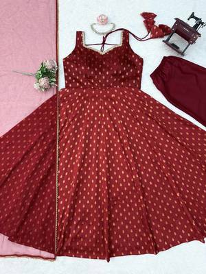 Maroon chanderi jacquard butti designer anarkali suit 6