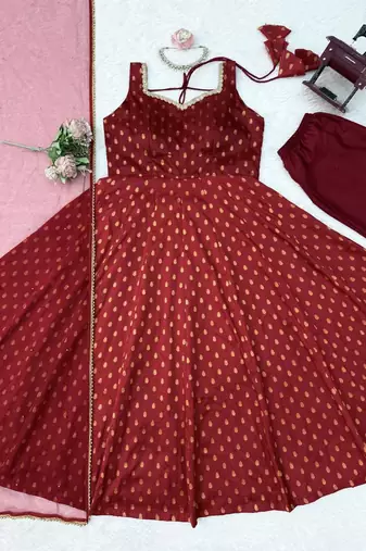 Maroon chanderi jacquard butti designer anarkali suit