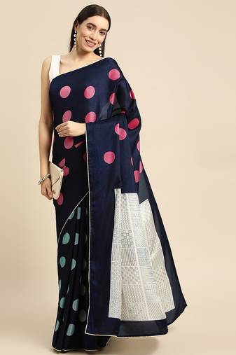 Navy blue elegant printed silk cotton saree with blouse piece