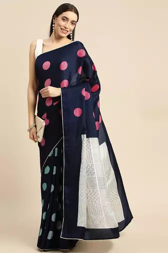 Navy blue elegant printed silk cotton saree with blouse piece