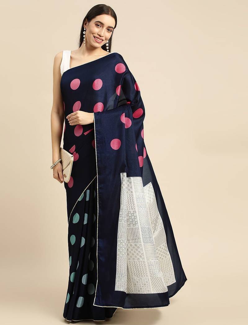 Navy blue elegant printed silk cotton saree with blouse piece