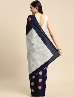 Navy blue elegant printed silk cotton saree with blouse piece 2