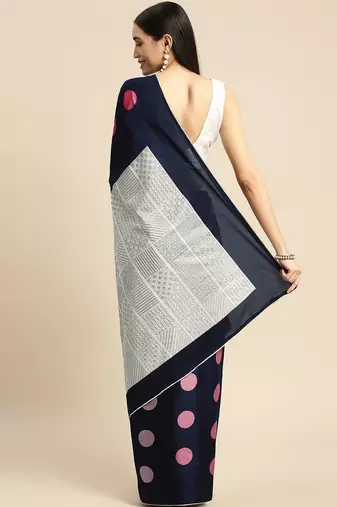 Navy blue elegant printed silk cotton saree with blouse piece