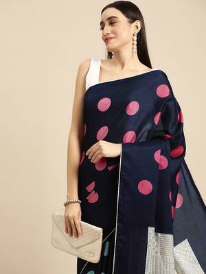 Navy blue elegant printed silk cotton saree with blouse piece 3