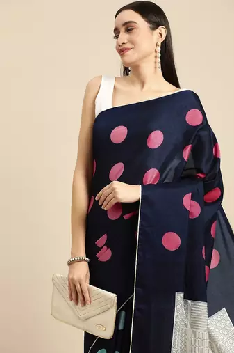 Navy blue elegant printed silk cotton saree with blouse piece