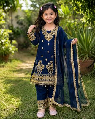 Blue gmy silk embroidery with cording sequence work girls kids dress set 1