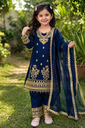 Blue gmy silk embroidery with cording sequence work girls kids dress set