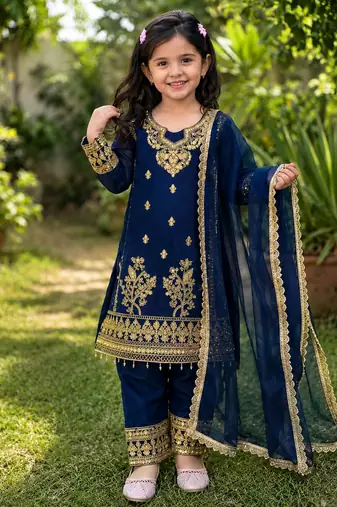 Blue gmy silk embroidery with cording sequence work girls kids dress set