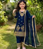Blue gmy silk embroidery with cording sequence work girls kids dress set