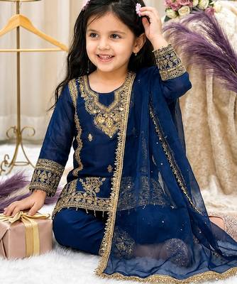 Blue gmy silk embroidery with cording sequence work girls kids dress set 2