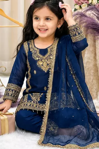 Blue gmy silk embroidery with cording sequence work girls kids dress set