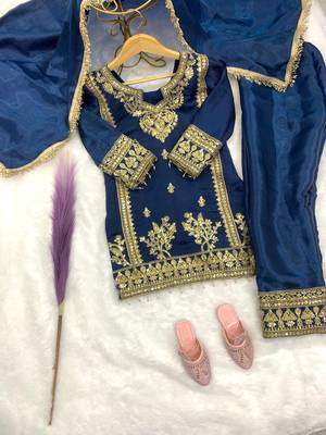 Blue gmy silk embroidery with cording sequence work girls kids dress set 3