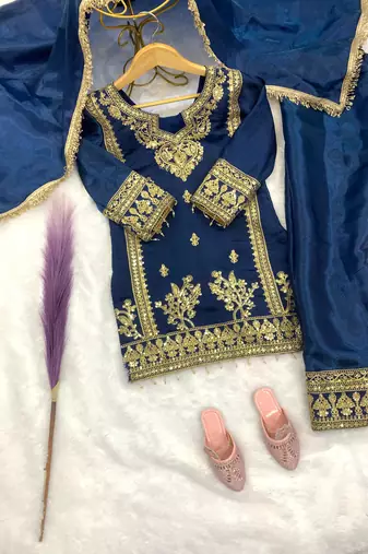 Blue gmy silk embroidery with cording sequence work girls kids dress set