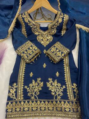 Blue gmy silk embroidery with cording sequence work girls kids dress set 4