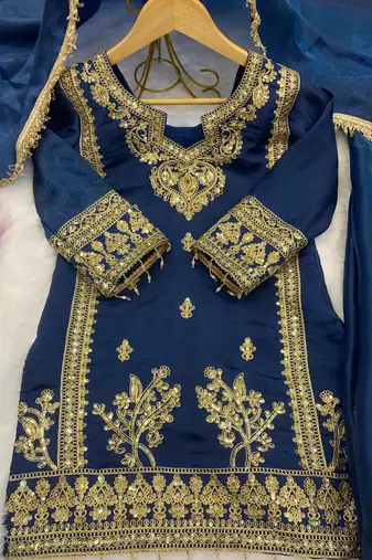 Blue gmy silk embroidery with cording sequence work girls kids dress set